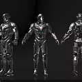 Game Movie Character Metal Armor Design Three Angle Views With Futuristic Mechanical Details