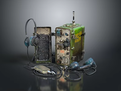 Vintage Electronic Appliances Old Green Communication Equipment With Knobs Buttons Headphones Microphone And Cables 3d model