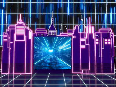 Futuristic Cyberpunk Neon City Photo Spot with Light Tunnel and Skyscraper Silhouettes 3d model