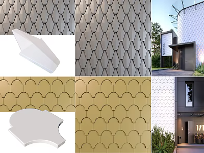 Modern Exterior Wall Design With Gray Gold White Fish Scale Scalloped Tiles 3d model
