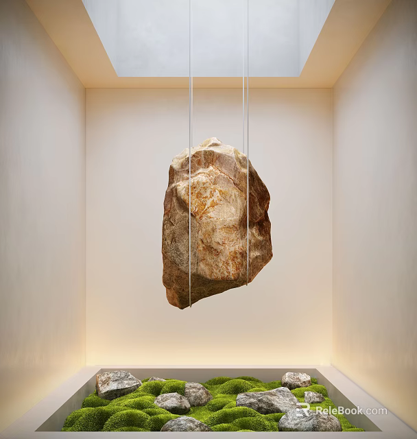 Minimalist Interior Landscape With Suspended Natural Stone Light Colored Walls And Soft Lighting 3d model 
