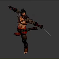 Game Movie Warrior Character In Battle Stance With Dual Swords Red Black Attire