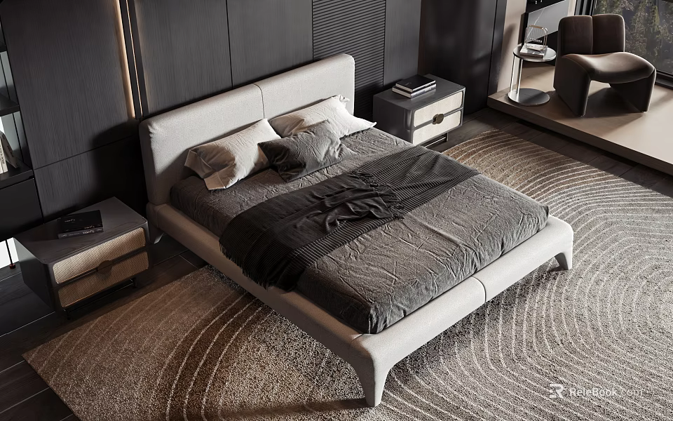 Modern Upholstered Double Bed With Nightstands And Area Rug In Contemporary Bedroom Interior 3d model 
