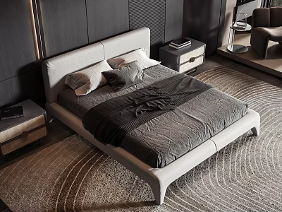 Modern Upholstered Double Bed With Nightstands And Area Rug In Contemporary Bedroom Interior 3d model