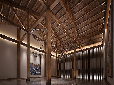 Traditional Style Interior Space With Wooden Roof Structure Pillars Circular Pendant Lights Art Painting And Vertical Slat Partitions 3d model
