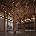 Traditional Style Interior Space With Wooden Roof Structure Pillars Circular Pendant Lights Art Painting And Vertical Slat Partitions