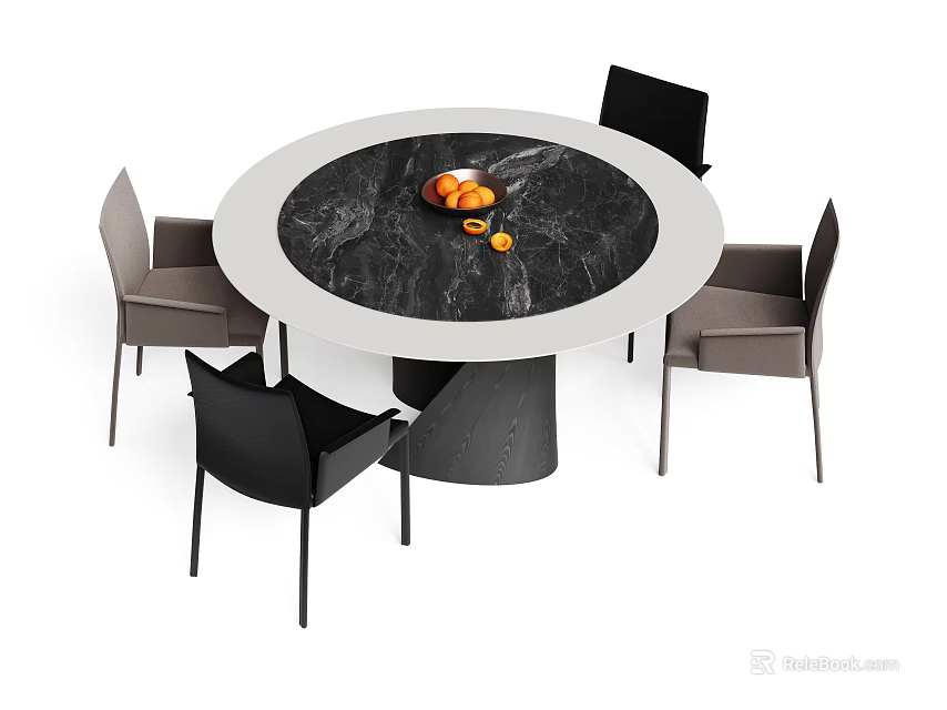Modern Round Dining Table Set with Marble Top Black Base and Black Gray Chairs 3d model