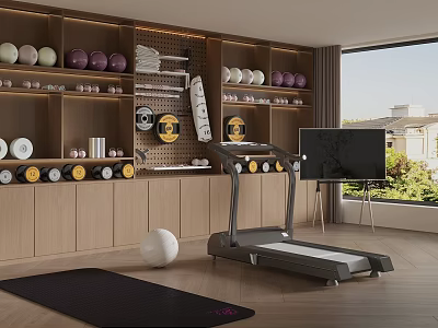 Modern Home Gym Space With Wooden Shelves Fitness Balls Treadmill And Yoga Mat 3d model