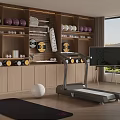 Modern Home Gym Space With Wooden Shelves Fitness Balls Treadmill And Yoga Mat