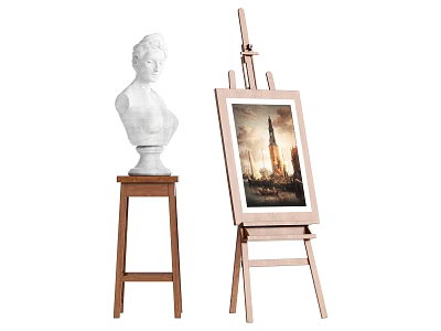 Musical Instruments And Art Supplies Setup With Easel Painting Plaster Bust And Art Tools 3d model