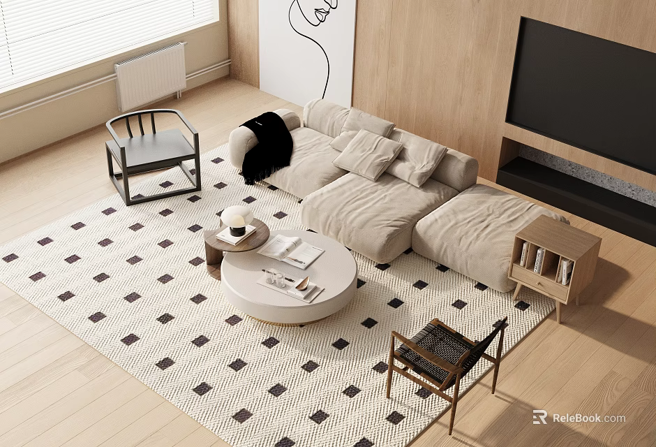 Modern Living Room Sofa Coffee Table Set With Round Table Geometric Rug And Wooden Accents 3d model 