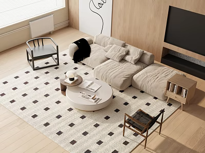 Modern Living Room Sofa Coffee Table Set With Round Table Geometric Rug And Wooden Accents 3d model