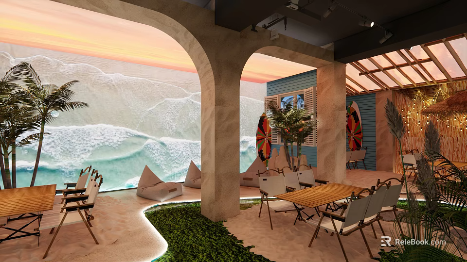 Sunset Beach Themed Restaurant With Arched Design Palm Trees Wooden Tables And Outdoor Seating 3d model 