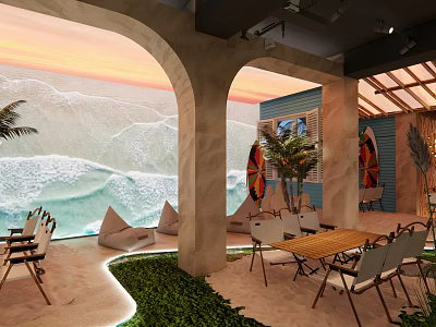 Sunset Beach Themed Restaurant With Arched Design Palm Trees Wooden Tables And Outdoor Seating 3d model