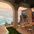 Sunset Beach Themed Restaurant With Arched Design Palm Trees Wooden Tables And Outdoor Seating