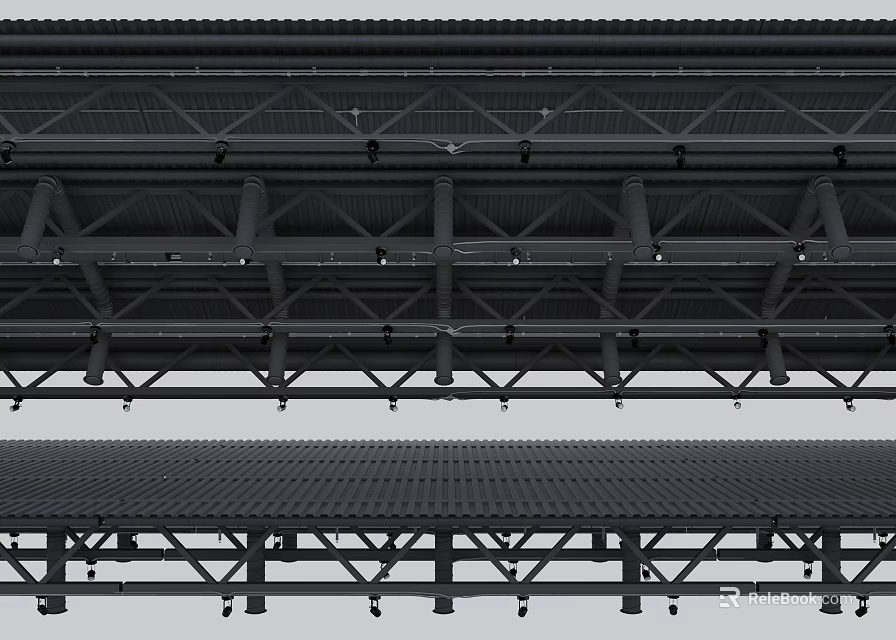 Industrial Suspended Ceiling Design With Metal Grid Frame And Support Beams 3d model 