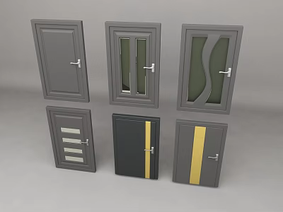 Gray Swing Doors With Glass Panels And Yellow Strips Various Designs 3d model