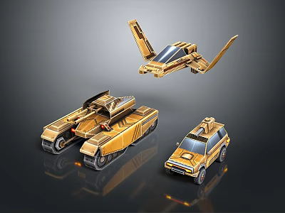 3D Model Golden Tank Featuring Flying Aircraft And Off Road SUV Design 3d model