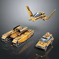 3D Model Golden Tank Featuring Flying Aircraft And Off Road SUV Design