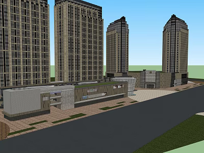 Urban Commercial Street With Modern High Rise Buildings And Open Plaza Area 3d model