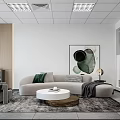 Modern Office Lounge Interior With Light Colored Sofa Round Coffee Table And Grey Rug 3d model
