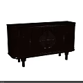 Dark Wood Sideboard With Slatted Doors Circular Decorative Window And Gold Legs