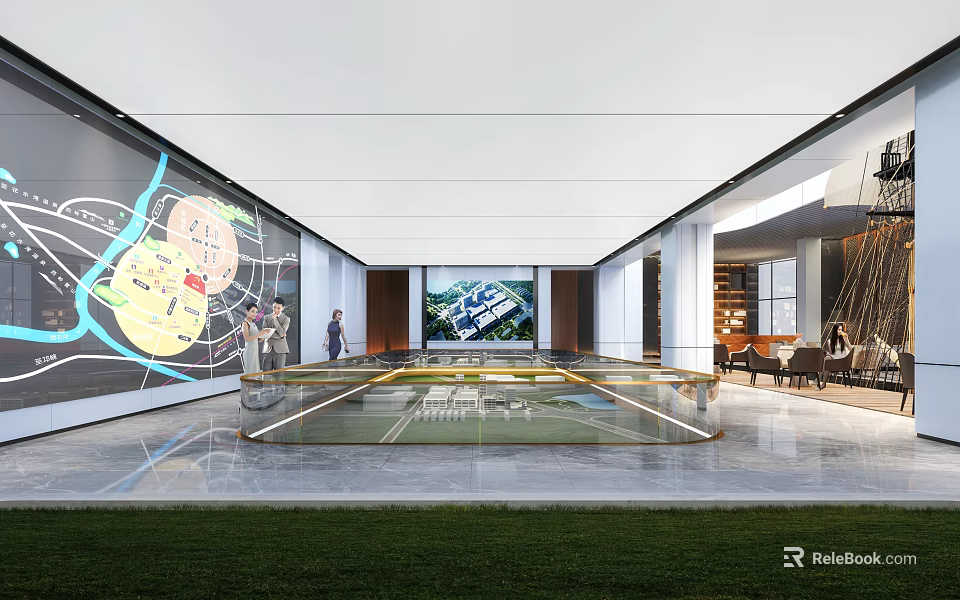 Modern Sales Office Interior With Sand Table Model And Large Screen 3d model