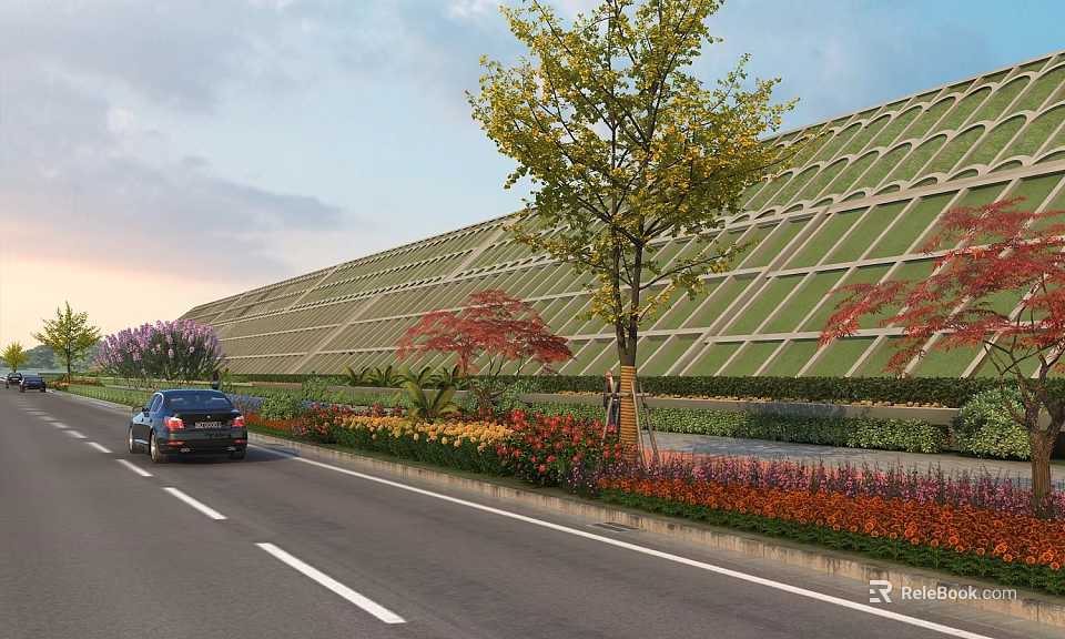 Municipal Road With Green Belt Flowers Trees and Black Car Driving Near Geometric Green Wall 3d model 