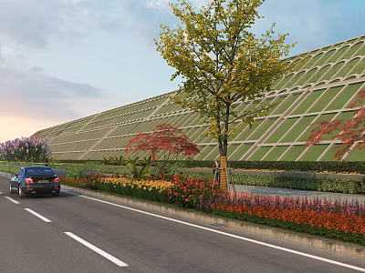 Municipal Road With Green Belt Flowers Trees and Black Car Driving Near Geometric Green Wall 3d model