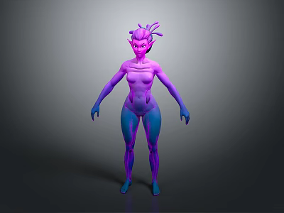 3D Humanoid Creature Character With Purple And Blue Gradient Skin Elf Ears And Tentacle Horns 3d model
