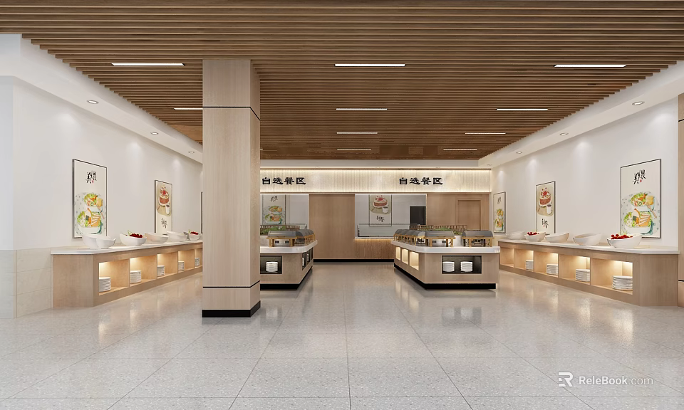 Bright Chinese Fast Food Restaurant Interior With Wooden Counters And Food Displays 3d model 