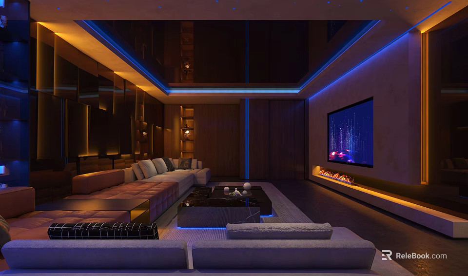Modern KTV Lounge Interior With Luxury Sofas TV Screen And Ambient Lighting 3d model