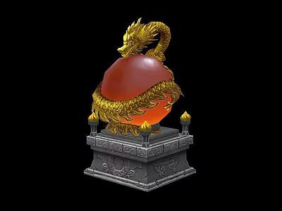 Detailed Golden Red Dragon Sculpture Wrapping Shiny Red Orb On Intricate Silver Pedestal 3d model