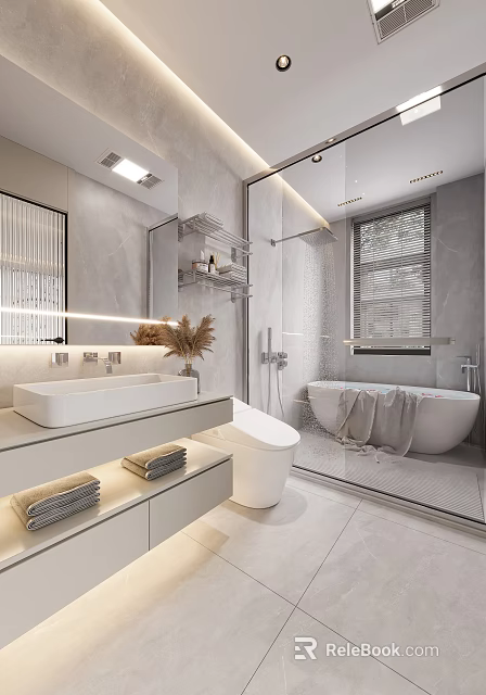 Elegant Modern Bathroom Design Featuring Freestanding Bathtub Glass Shower And Wall Mounted Vanity 3d model 