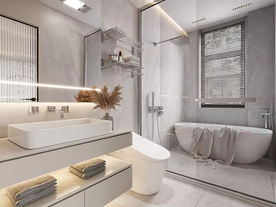 Elegant Modern Bathroom Design Featuring Freestanding Bathtub Glass Shower And Wall Mounted Vanity 3d model