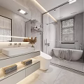 Elegant Modern Bathroom Design Featuring Freestanding Bathtub Glass Shower And Wall Mounted Vanity