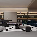 Modern Basement Interior With Sofa Art Shelves And Sculpture