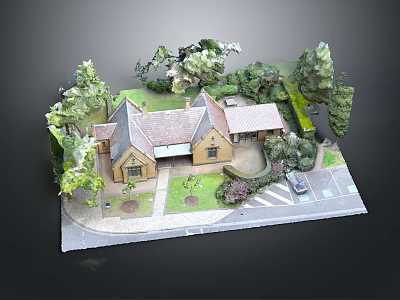 Detached House Exterior With Traditional Architecture Trees Lawn Driveway And Car 3d model