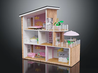 Cartoon Style Multi Level Dollhouse With Pink Interior Furniture Balcony Plants And Umbrella 3d model