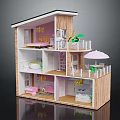 Cartoon Style Multi Level Dollhouse With Pink Interior Furniture Balcony Plants And Umbrella