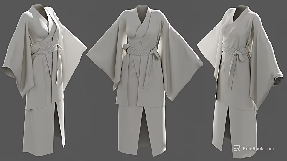 Light Gray Traditional Kimono Set With Wide Sleeves And Waist Sash 3d model 