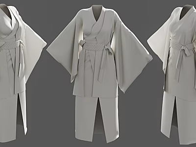 Light Gray Traditional Kimono Set With Wide Sleeves And Waist Sash 3d model
