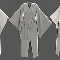 Light Gray Traditional Kimono Set With Wide Sleeves And Waist Sash