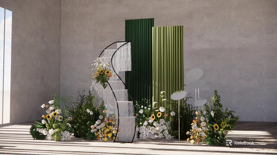 Decorative Indoor Arrangement Featuring Green Screens Curved White Structure Sunflowers And Plants 3d model 