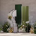 Decorative Indoor Arrangement Featuring Green Screens Curved White Structure Sunflowers And Plants