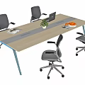 Modern Office Desk Setup With Ergonomic Chairs Laptop Potted Plant And Fruit Tray