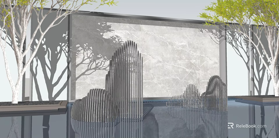 Modern Scenic Wall with Grey Marble Background and Metal Mountain Structures and Water Reflection 3d model