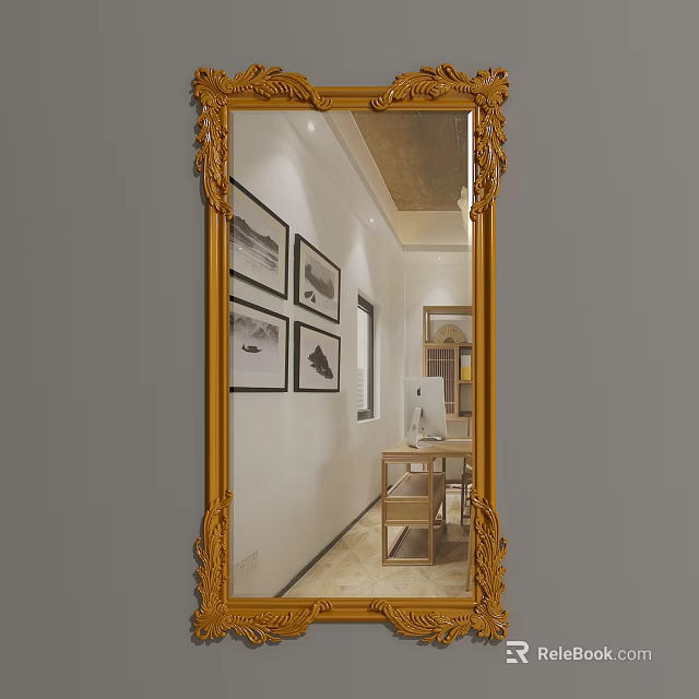 Golden Ornate Framed Mirror Reflecting Room With Wall Art Desk And Wooden Cabinet 3d model 