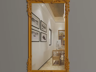 Golden Ornate Framed Mirror Reflecting Room With Wall Art Desk And Wooden Cabinet 3d model