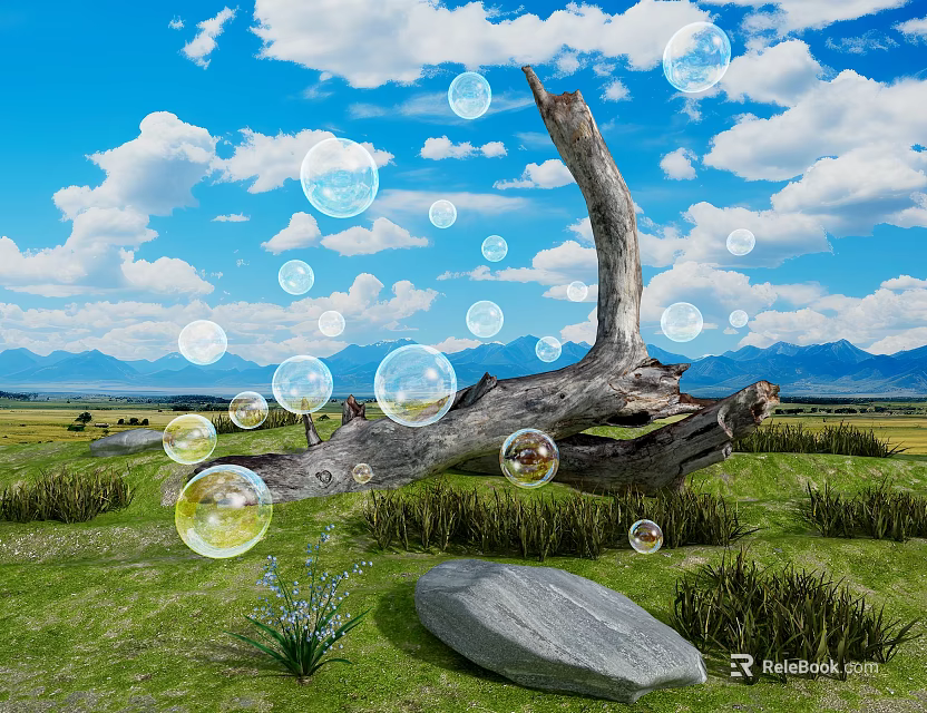 Beautiful Natural Setting With Driftwood Log Soap Bubbles Green Grass Large Rock And Distant Mountains 3d model 